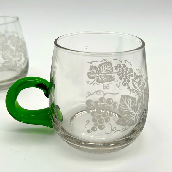 Vintage Etched Grape and Leaf Decorative Green-Handle Drinking Mugs (Set of 2) - Picture 4 of 11
